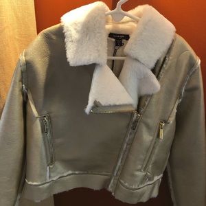Girls faux leather fur trim biker jacket